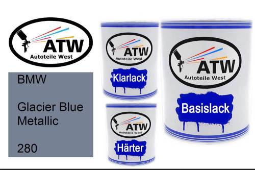 BMW, Glacier Blue Metallic, 280: 1L Lackdose + 1L Klarlack + 500ml Härter - Set, von ATW Autoteile West.